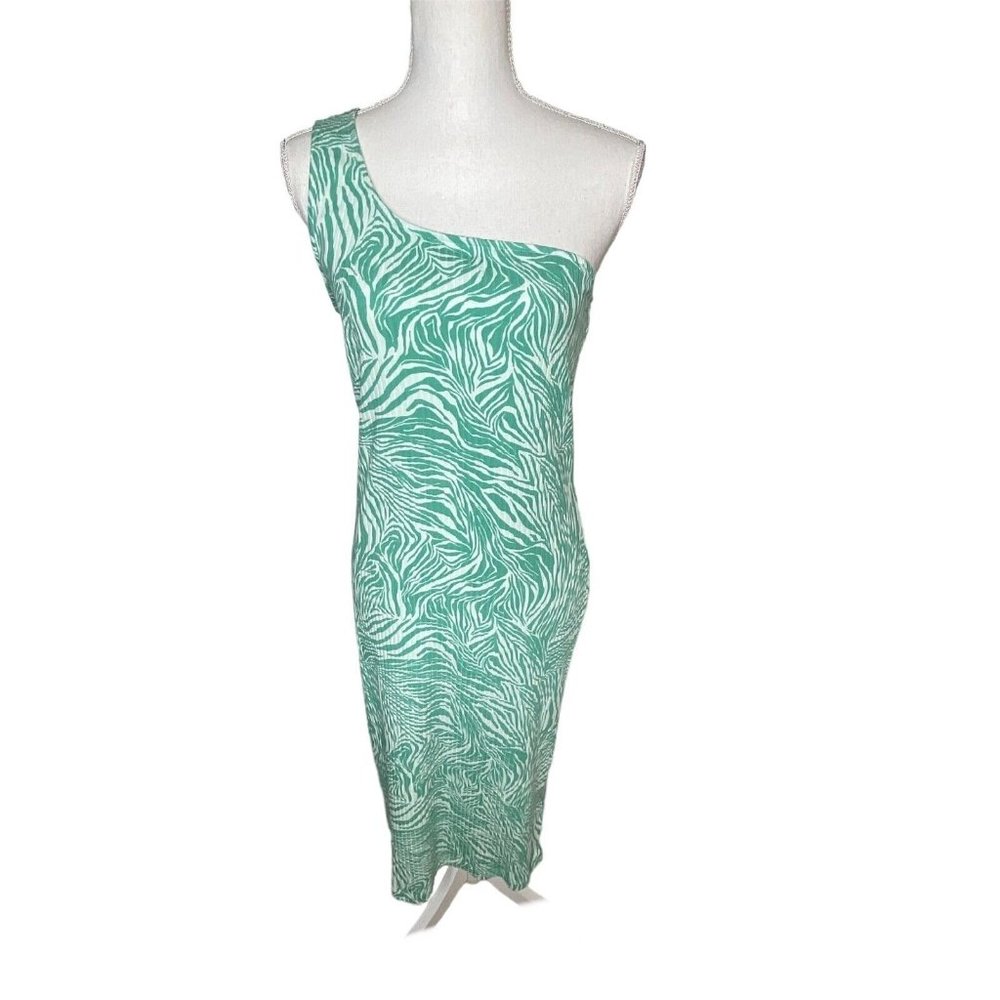 Nine West Women's One Shoulder Bodycon Dress XL Green Small Zebra